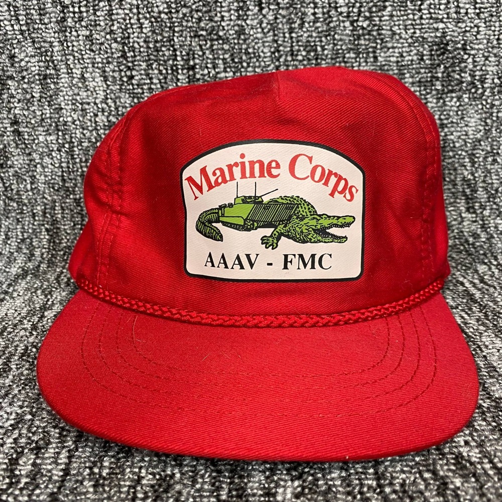 VTG USMC Marine Corps AAAV FMC Tank Leather Strapback Rope Hat Red Made In USA